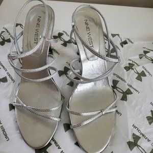 Nine West Gabbar , silver heels, sandals, women's 7.5,